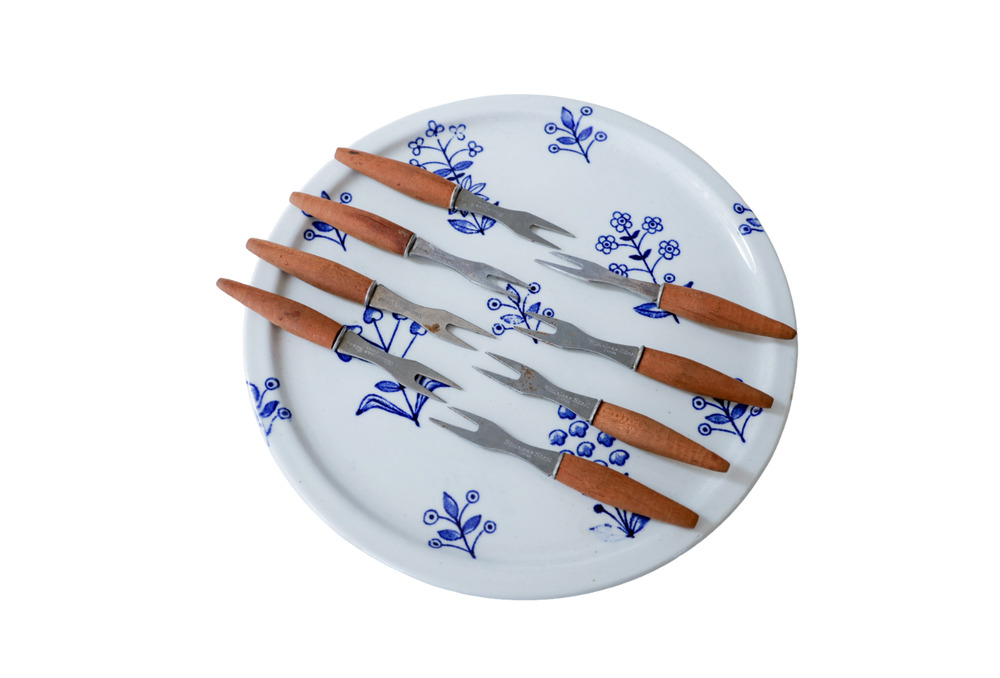 VTG Wood Cocktail Appetizer Fork Set of 8 Japan Midcentury Retro Tiki Party Bar